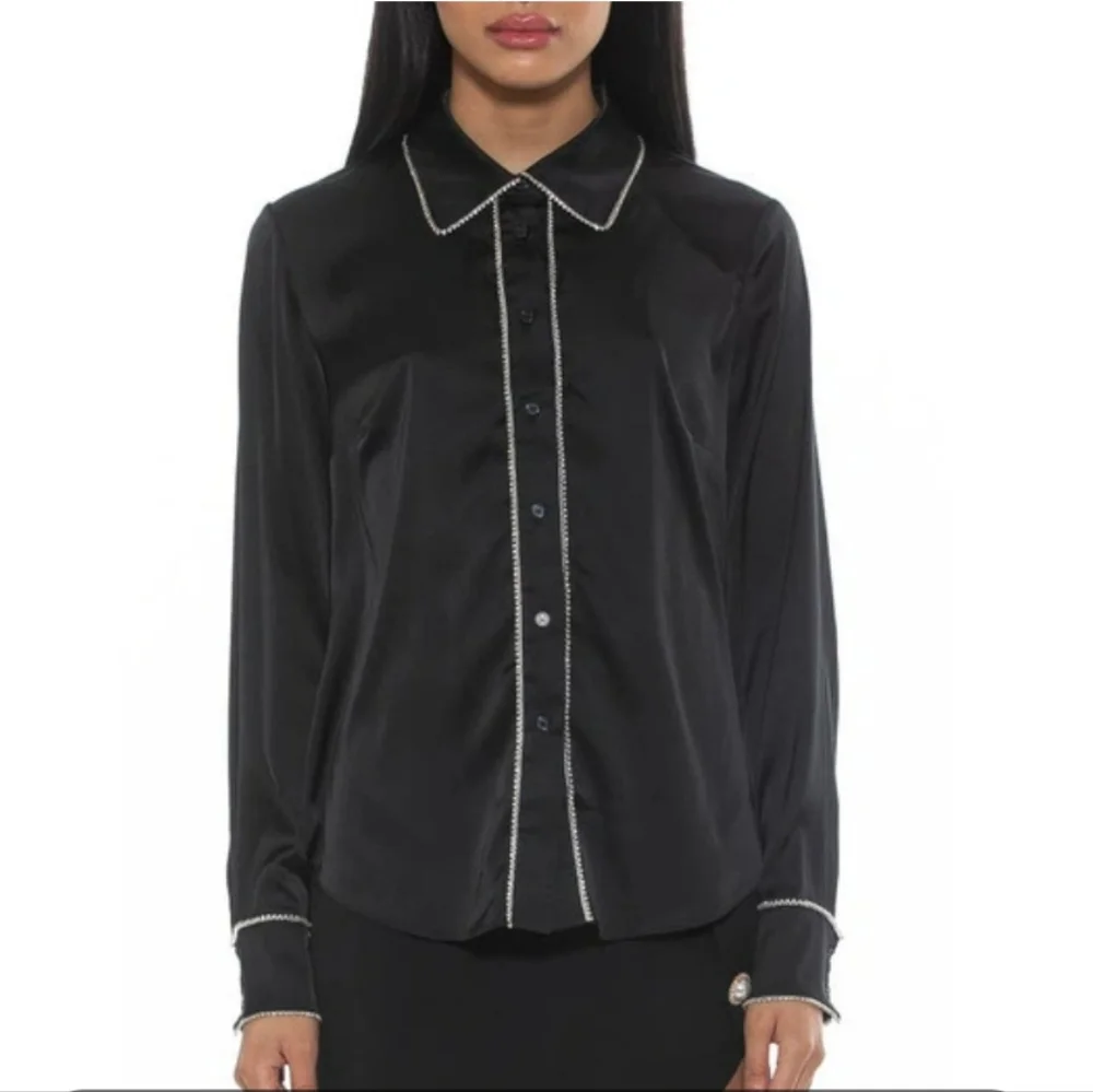 🖤Rachel Zoe Rhinestone Trim Black Long Sleeve Blouse